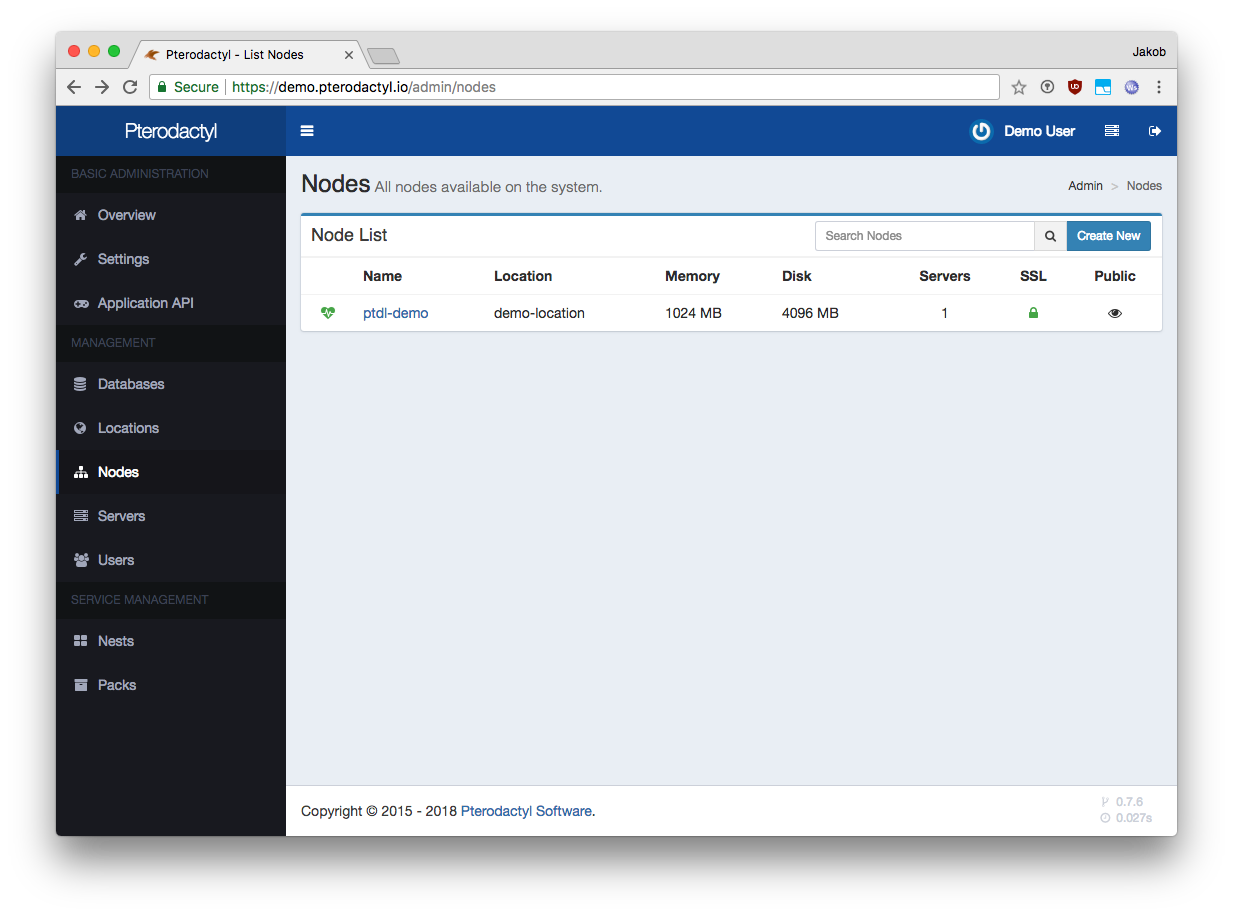 Admin Nodes : liste des nœuds Pterodactyl